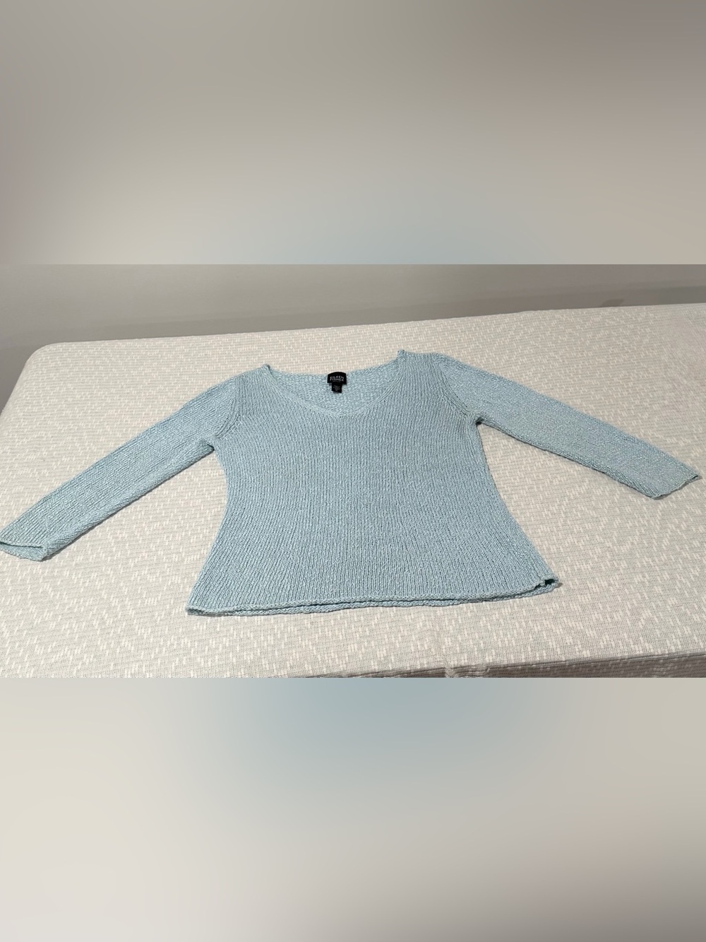 Eileen Fisher Petite Large Blue Linen Blend V Neck Sweater Italian Yarn